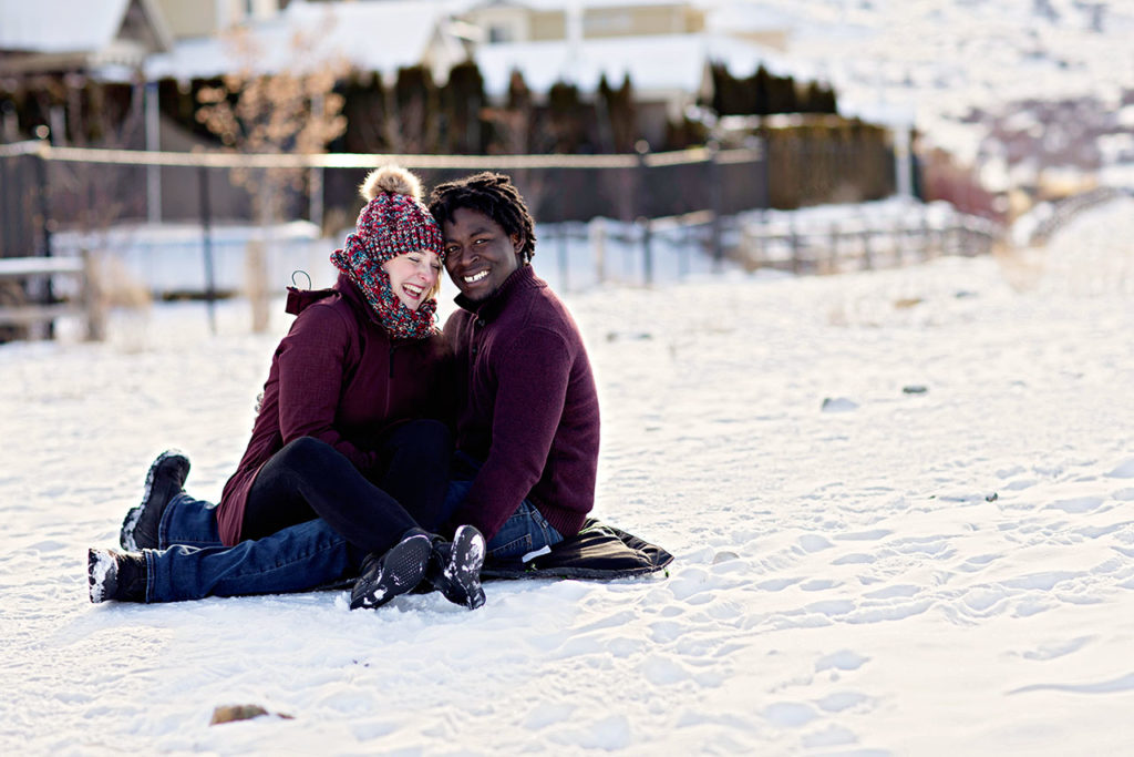 Casual Winter Engagement Couple Laughing Candid Photography