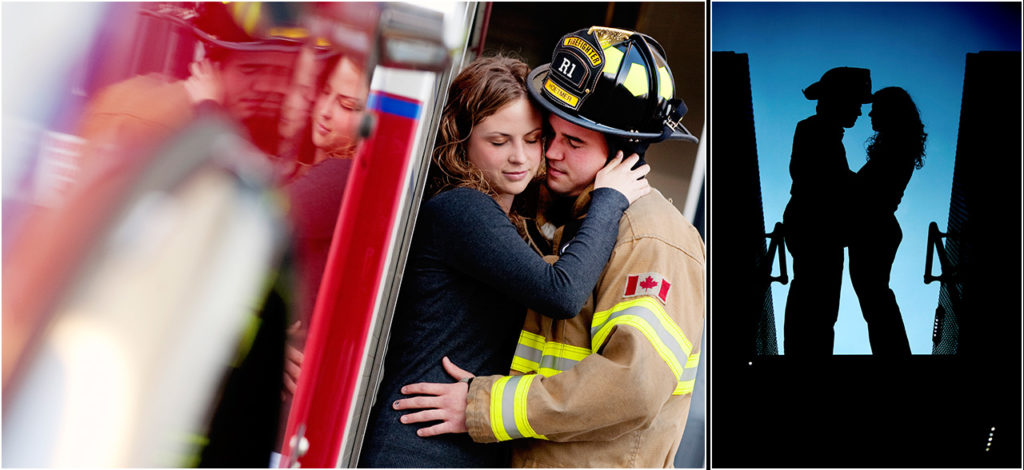 Canadian firefighter embracing his fiance by a red fire truck