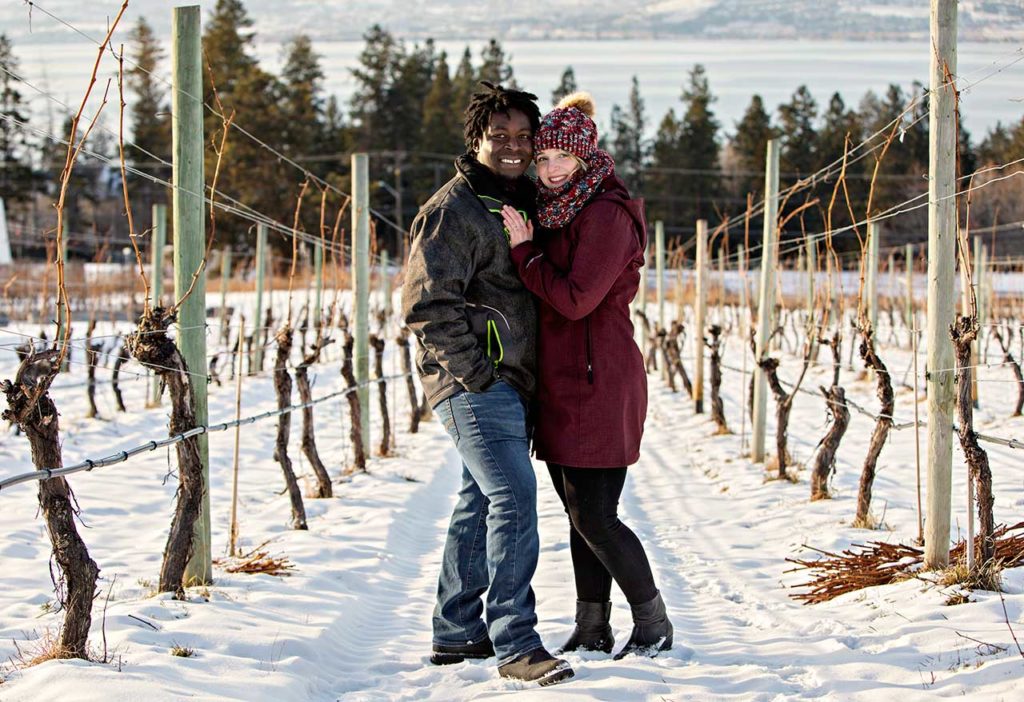 Kelowna Winter Engagement Couple In Wineyard