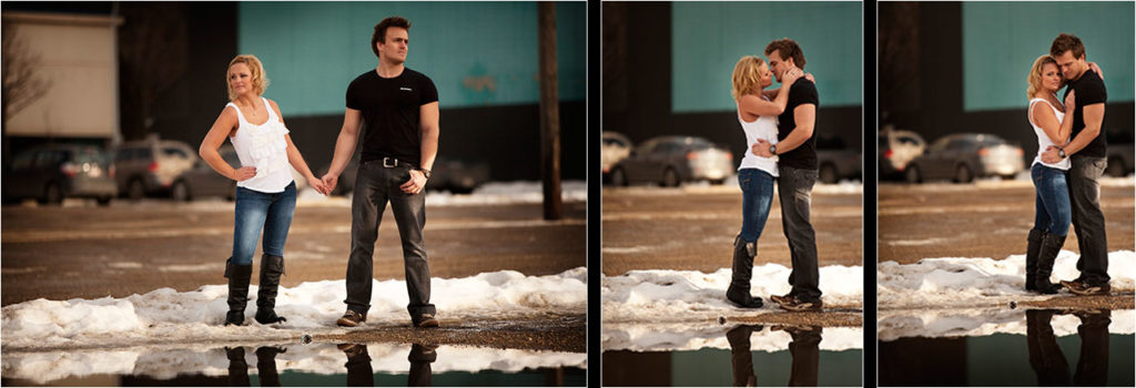 Spring Engagement Photos Puddles Snow